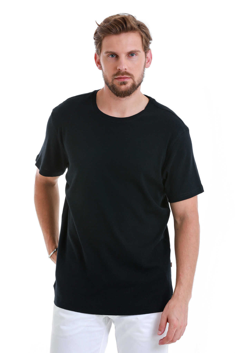 Lacivert Regular Fit Bisiklet Yaka Keten Tişört - Hatem Saykı