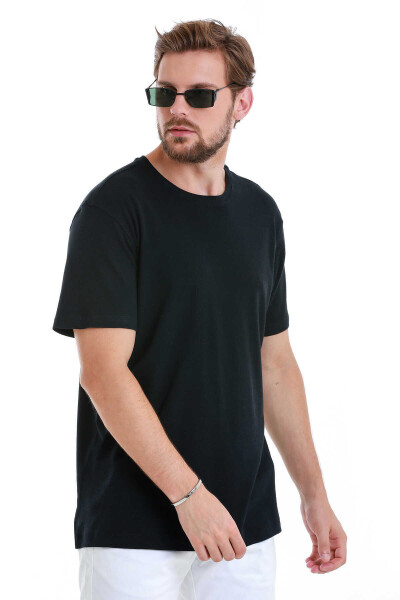 Lacivert Regular Fit Bisiklet Yaka Keten Tişört - 3