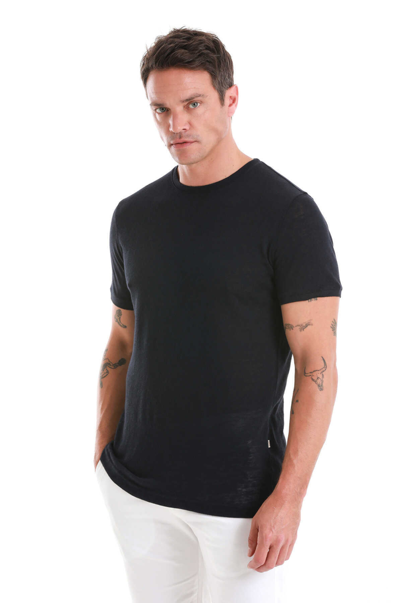 Lacivert Regular Fit Bisiklet Yaka Pamuklu Tişört - Hatem Saykı