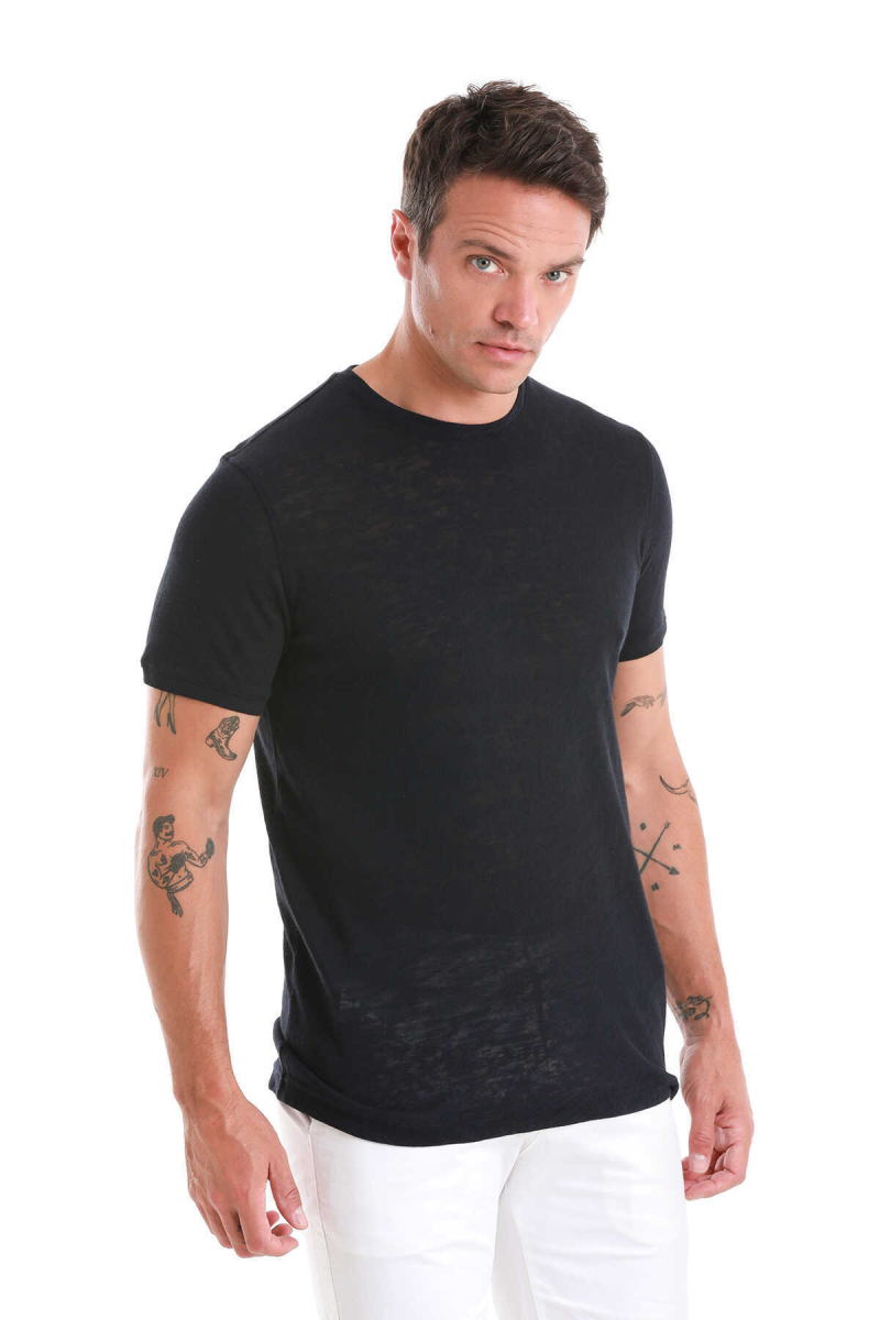 Lacivert Regular Fit Bisiklet Yaka Pamuklu Tişört - Hatem Saykı (1)