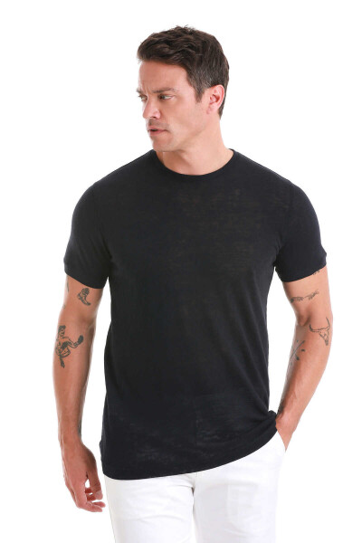 Lacivert Regular Fit Bisiklet Yaka Pamuklu Tişört - 4