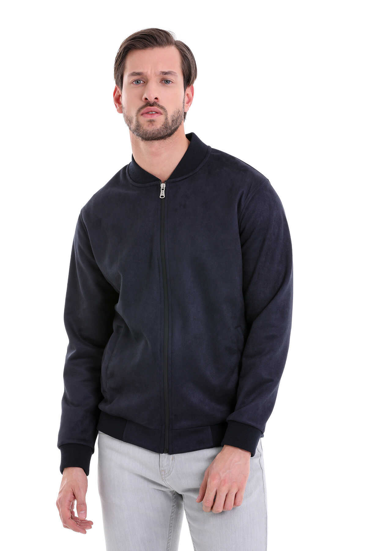 HTML - Lacivert Regular Fit Düz Bomber Yaka Mevsimlik Mont