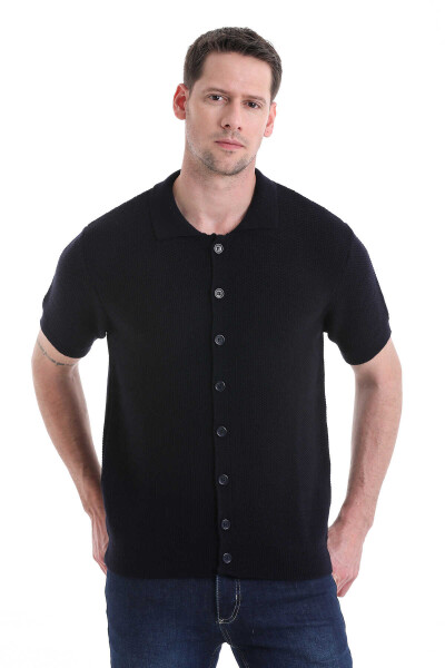 Lacivert Regular Fit Düğmeli Kısa Kollu Triko Hırka - 2