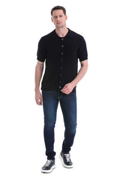 Lacivert Regular Fit Düğmeli Kısa Kollu Triko Hırka - 3