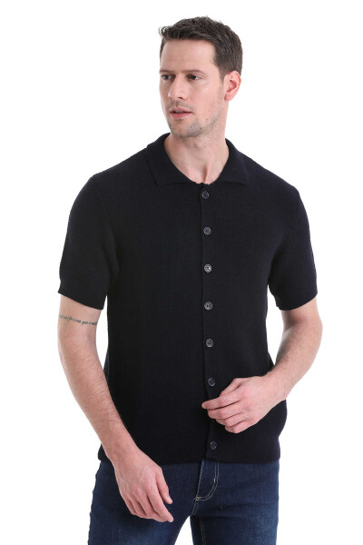 Lacivert Regular Fit Düğmeli Kısa Kollu Triko Hırka - 4