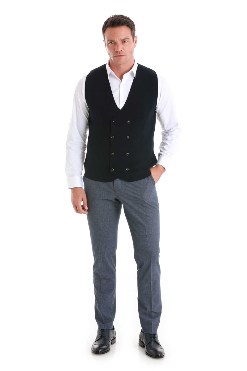 Lacivert Regular Fit Kruvaze Triko Yelek - Hatemoğlu (1)