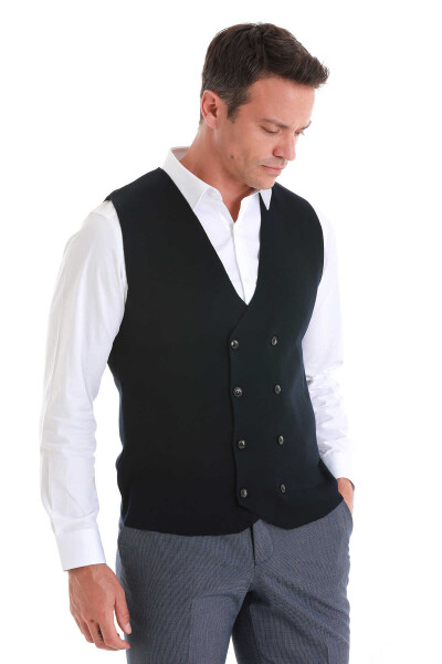 Lacivert Regular Fit Kruvaze Triko Yelek - 3