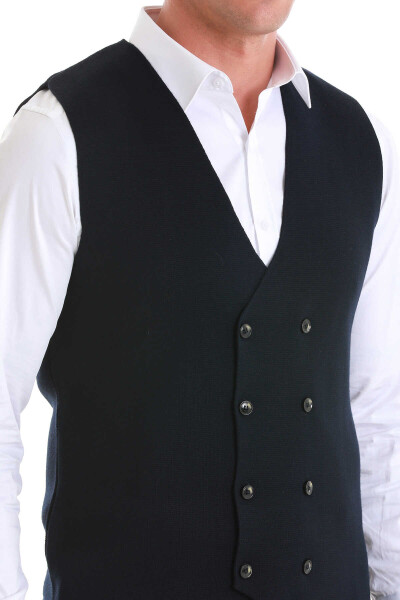 Lacivert Regular Fit Kruvaze Triko Yelek - 4