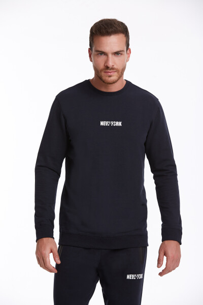 Lacivert Regular Fit Pamuklu Bisiklet Yaka Sweatshirt 