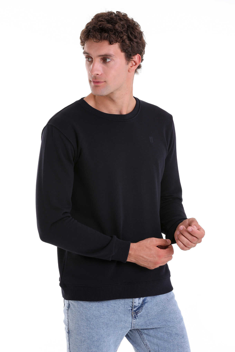 Lacivert Regular Fit Düz Pamuklu Bisiklet Yaka Sweatshirt - HATEMOĞLU (1)