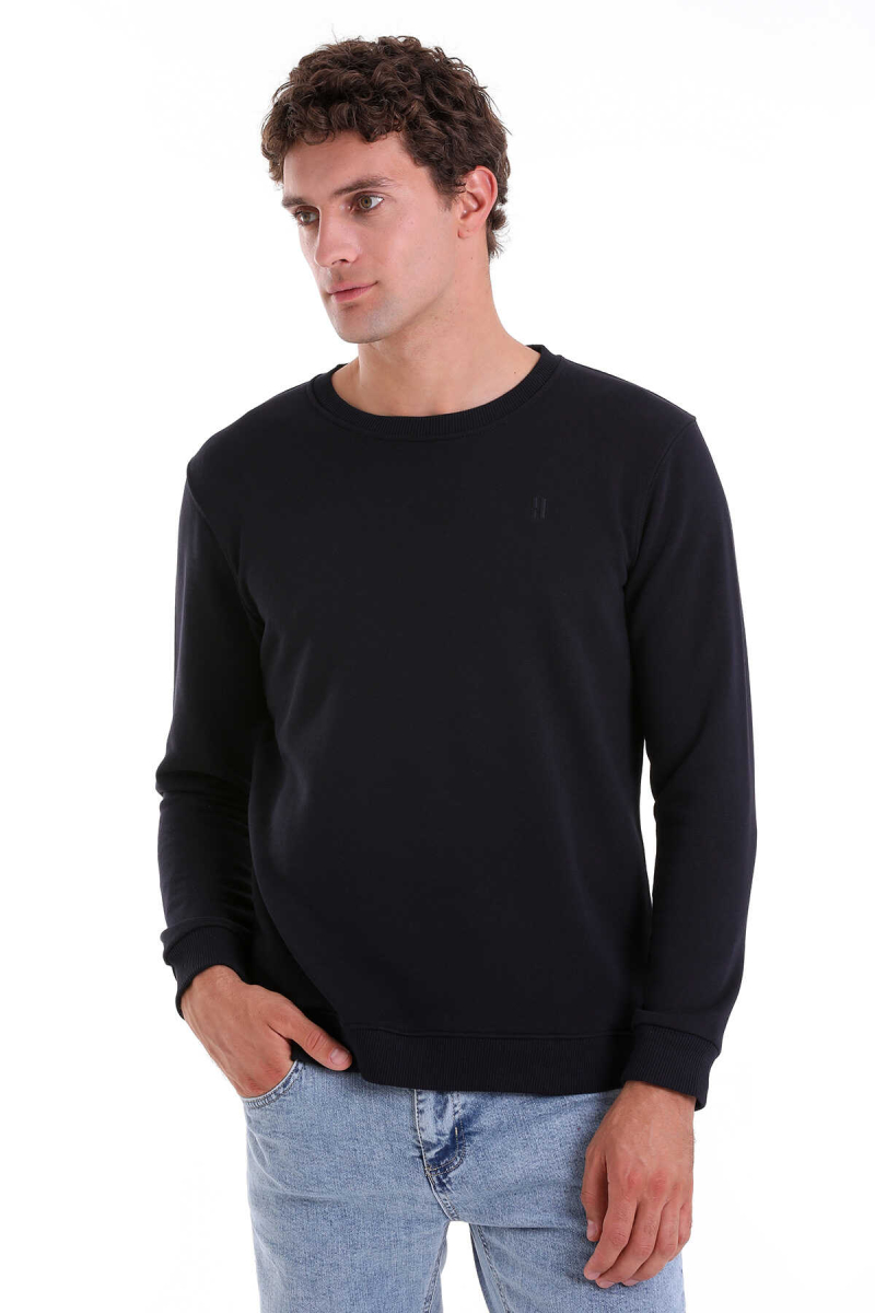 Lacivert Regular Fit Düz Pamuklu Bisiklet Yaka Sweatshirt - HATEMOĞLU (1)