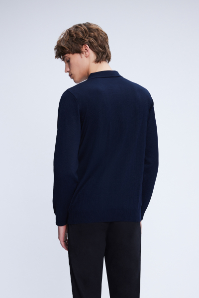 Lacivert Regular Fit Düz Polo Yaka Yünlü Triko Kazak - 5