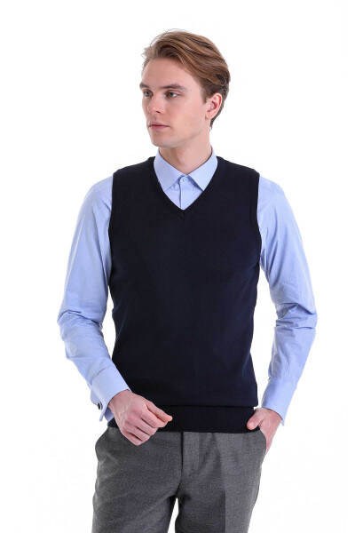 Lacivert Comfort Fit V Yaka Yünlü Triko Süveter - 2