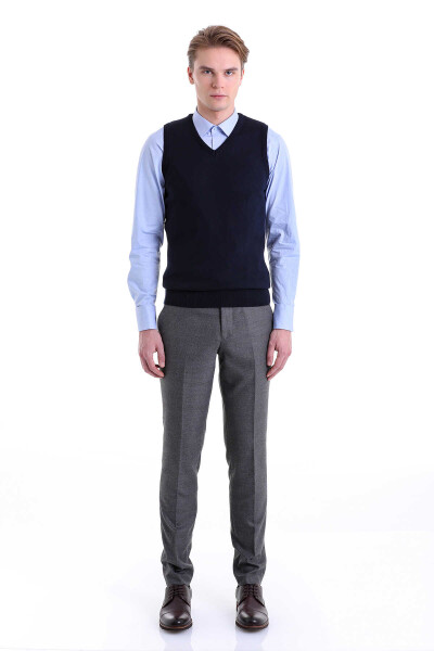 Lacivert Comfort Fit V Yaka Yünlü Triko Süveter - 3