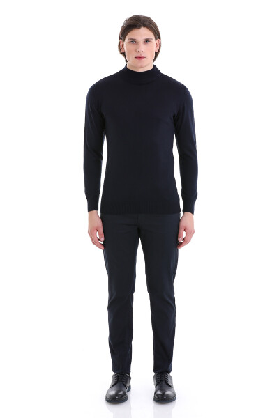 Lacivert Regular Fit Yarım Balıkçı Yaka Yünlü Triko Kazak - 2