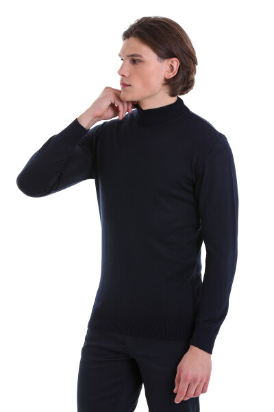 Lacivert Regular Fit Yarım Balıkçı Yaka Yünlü Triko Kazak - 3