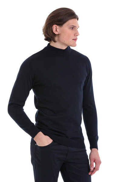 Lacivert Regular Fit Yarım Balıkçı Yaka Yünlü Triko Kazak - 4