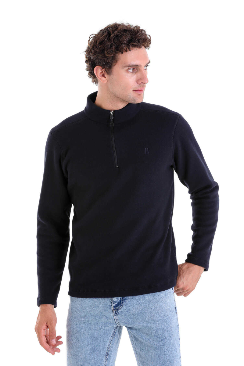 Lacivert Regular Fit Tüylenme Yapmayan Soğuk Geçirmez Yarım Fermuarlı Polar Sweatshirt - Hatemoğlu