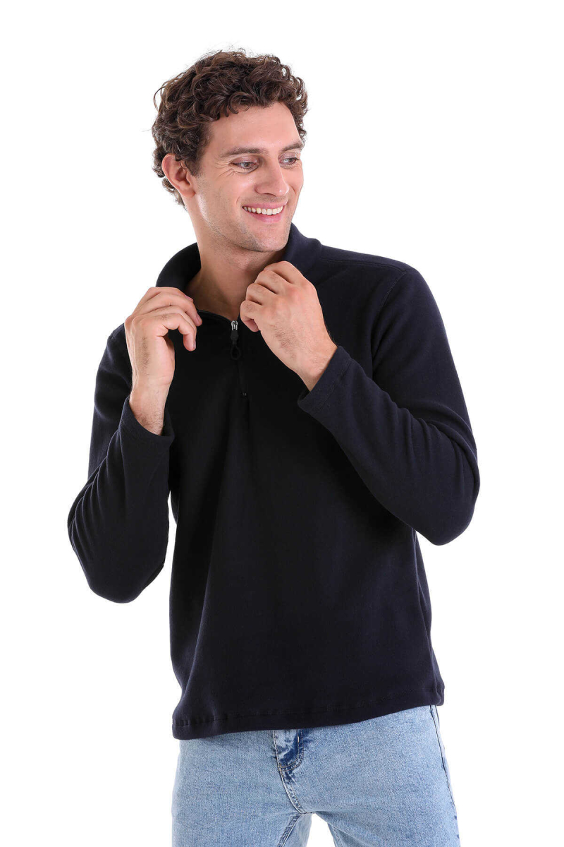 Lacivert Regular Fit Tüylenme Yapmayan Soğuk Geçirmez Yarım Fermuarlı Polar Sweatshirt - Hatemoğlu (1)