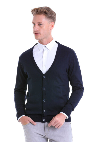 Lacivert Comfort Fit V Yaka Yünlü Triko Hırka - 2