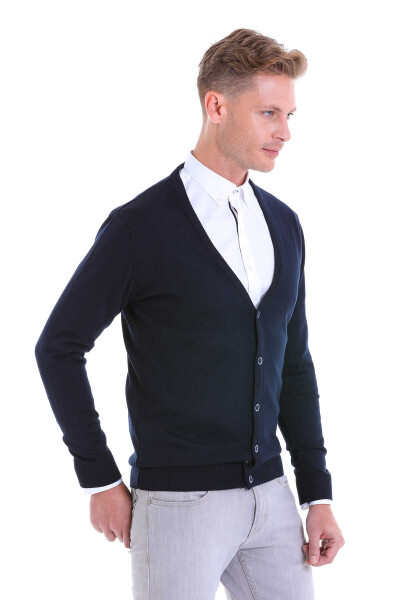 Lacivert Comfort Fit V Yaka Yünlü Triko Hırka - 3