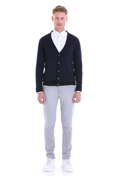 Lacivert Comfort Fit V Yaka Yünlü Triko Hırka - 4