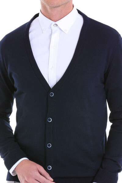 Lacivert Comfort Fit V Yaka Yünlü Triko Hırka - 5