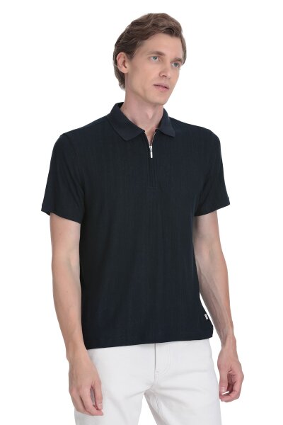 Lacivert Regular Fit Fermuarlı Polo Yaka Tişört - 1