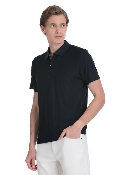Lacivert Regular Fit Fermuarlı Polo Yaka Tişört - 3