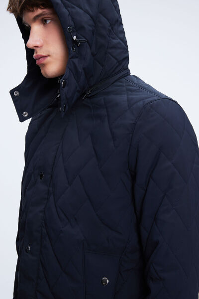 Lacivert Regular Fit Hakim Yaka Kapitone Kapüşonlu Mont - 3