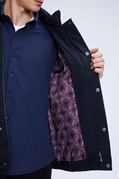 Lacivert Regular Fit Hakim Yaka Kapitone Kapüşonlu Mont - 4