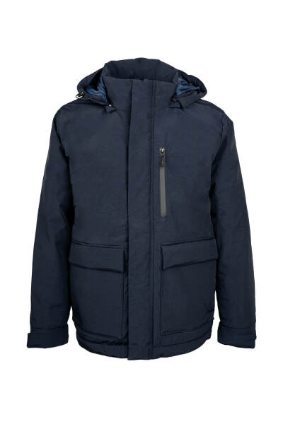 Lacivert Regular Fit Hakim Yaka Kapüşonlu Kaban 