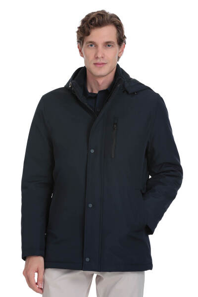 Lacivert Regular Fit Hakim Yaka Kapüşonlu Kaban - Hatemoğlu