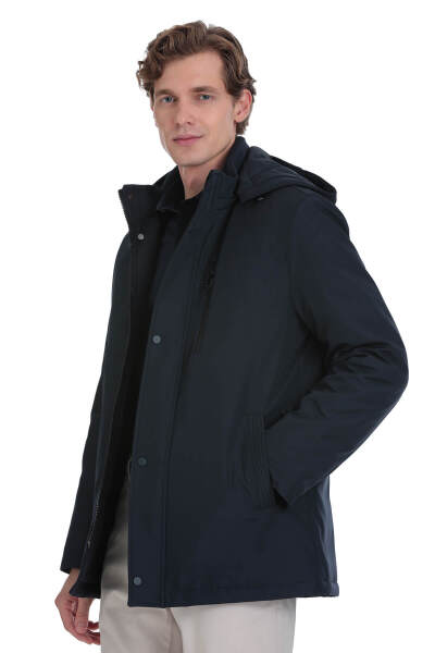 Lacivert Regular Fit Hakim Yaka Kapüşonlu Kaban - 4