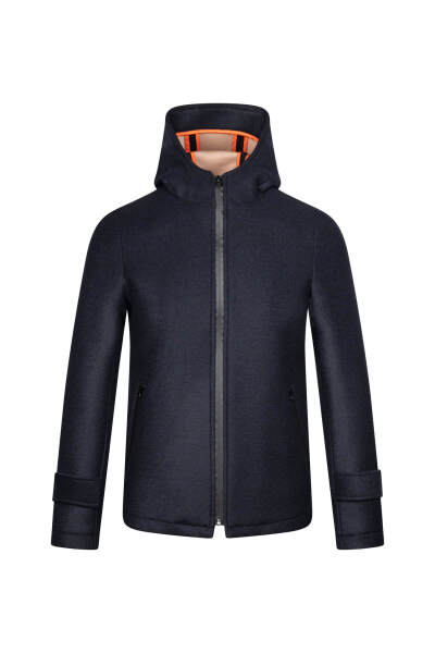 Lacivert Regular Fit Hakim Yaka Kapüşonlu Yünlü Kaşe Mont - 1