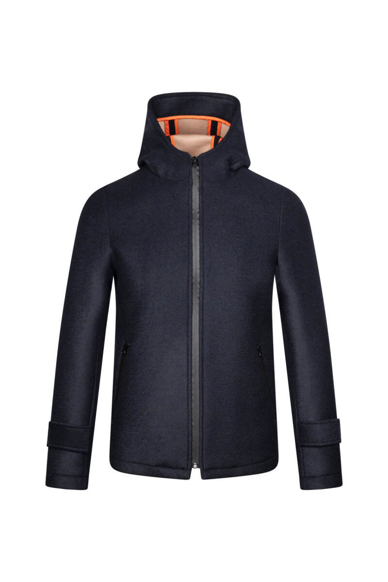 Lacivert Regular Fit Hakim Yaka Kapüşonlu Yünlü Kaşe Mont - Hatem Saykı