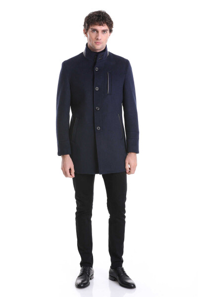 Lacivert Regular Fit Hakim Yaka Yünlü Kaşe Palto - 2