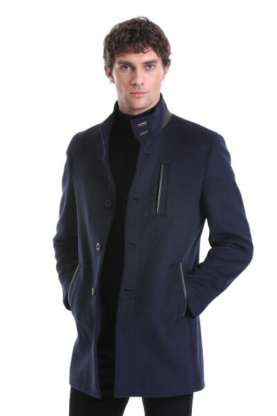 Lacivert Regular Fit Hakim Yaka Yünlü Kaşe Palto - 3