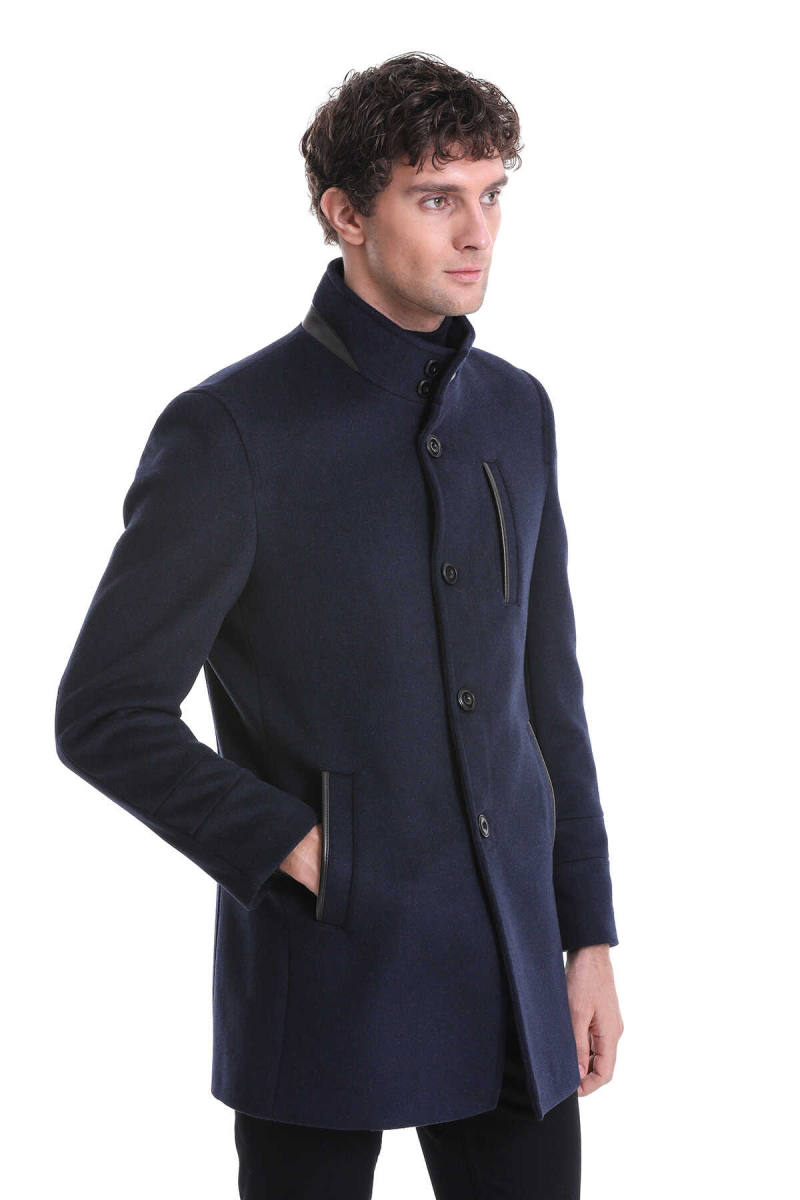 Lacivert Regular Fit Hakim Yaka Yünlü Kaşe Palto - Hatem Saykı (1)