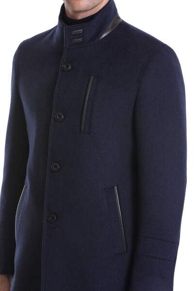 Lacivert Regular Fit Hakim Yaka Yünlü Kaşe Palto - 5