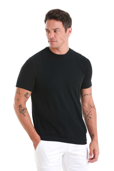 Lacivert Regular Fit Jakarlı Bisiklet Yaka Tişört - 3