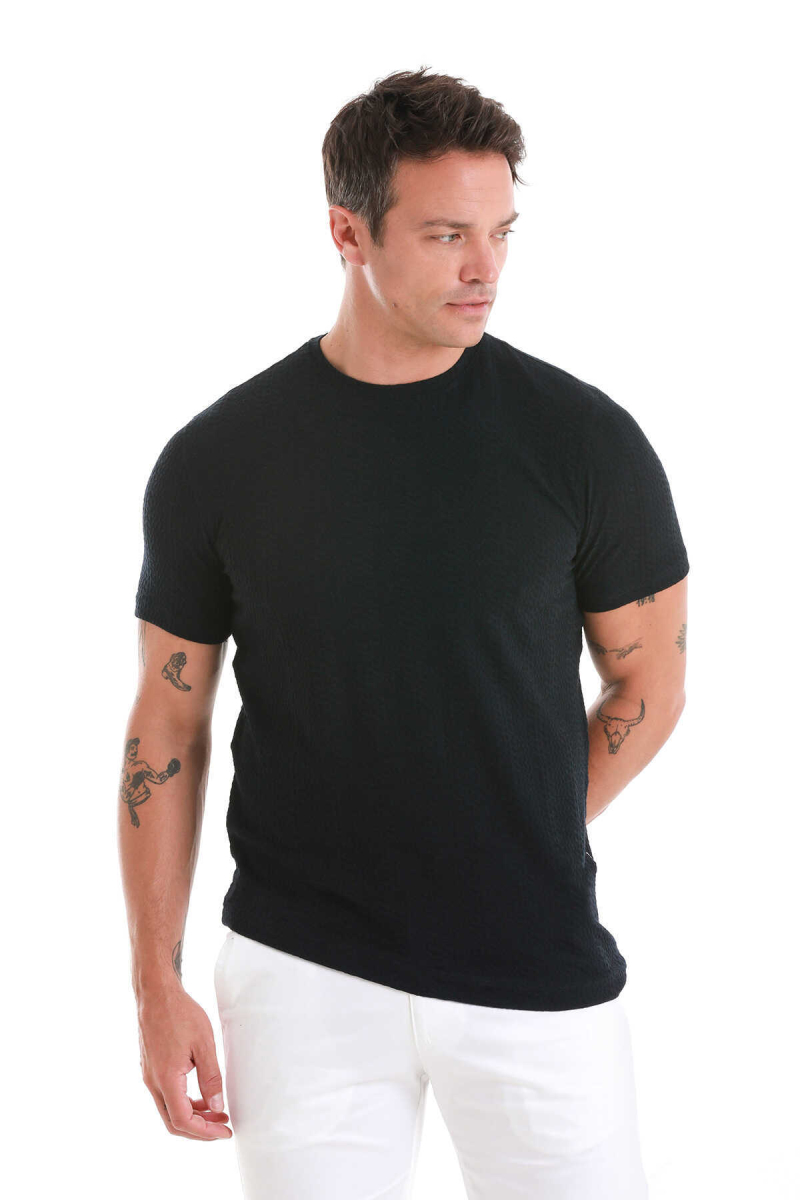 Lacivert Regular Fit Jakarlı Bisiklet Yaka Tişört - Hatem Saykı (1)