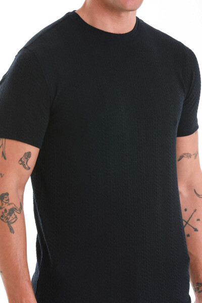 Lacivert Regular Fit Jakarlı Bisiklet Yaka Tişört - 5