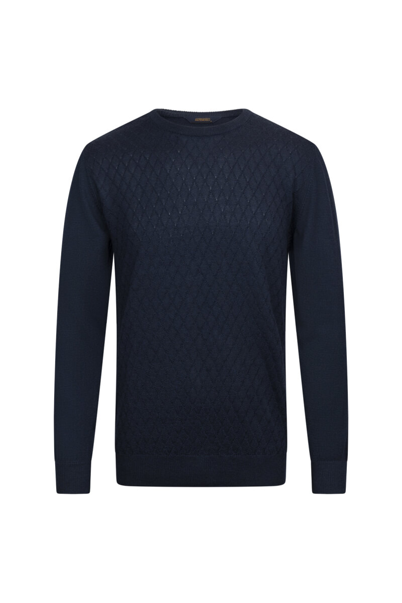 Lacivert Regular Fit Jakarlı Bisiklet Yaka Yünlü Triko Kazak - Hatemoğlu