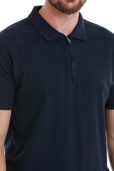 Lacivert Regular Fit Jakarlı Polo Yaka Fermuarlı Tişört - 5