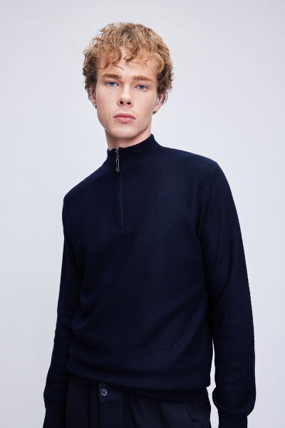 Lacivert Regular Fit Jakarlı Yarım Balıkçı Yaka Fermuarlı Yünlü Triko Kazak - 2
