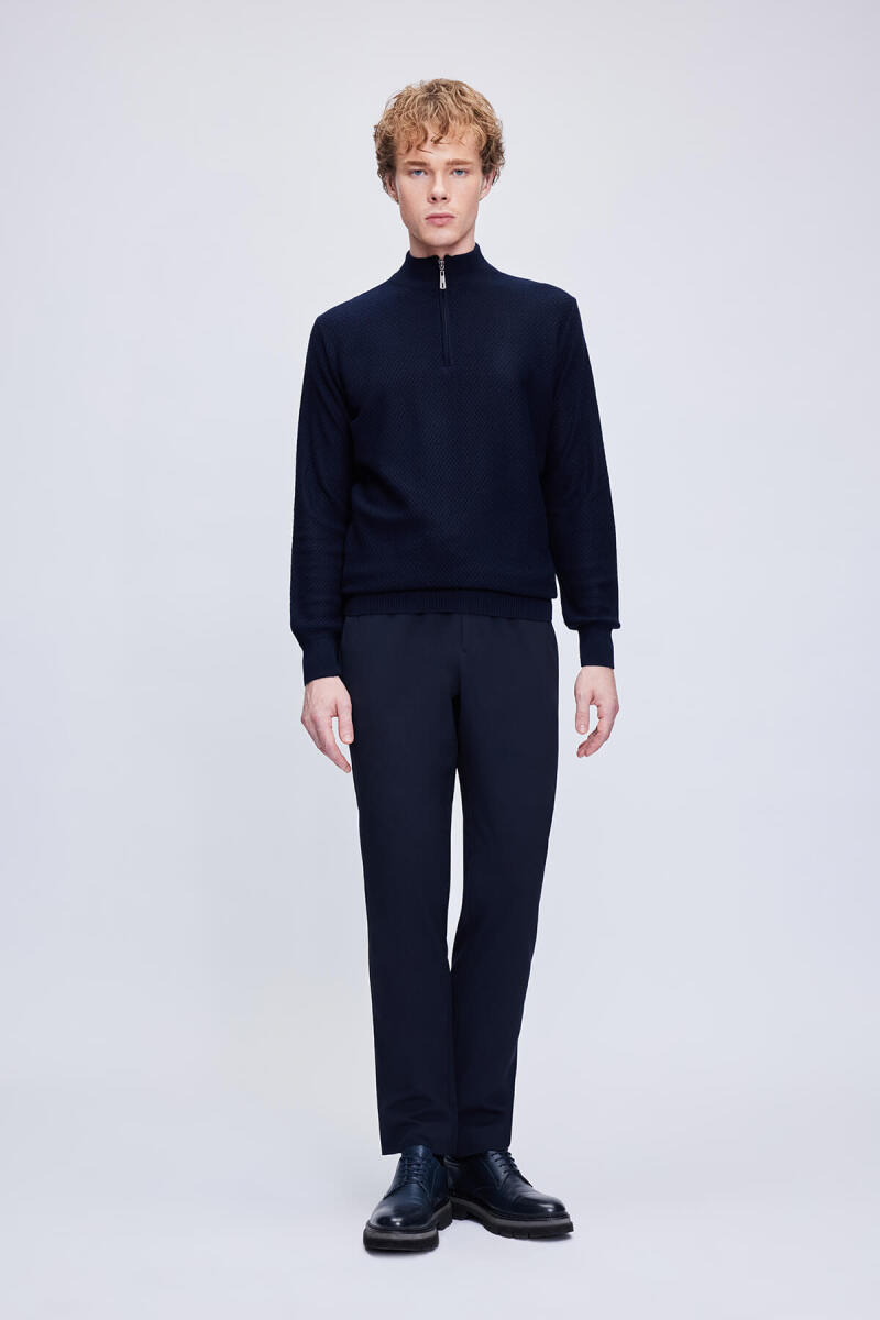 Lacivert Regular Fit Jakarlı Yarım Balıkçı Yaka Fermuarlı Yünlü Triko Kazak - Hatemoğlu (1)