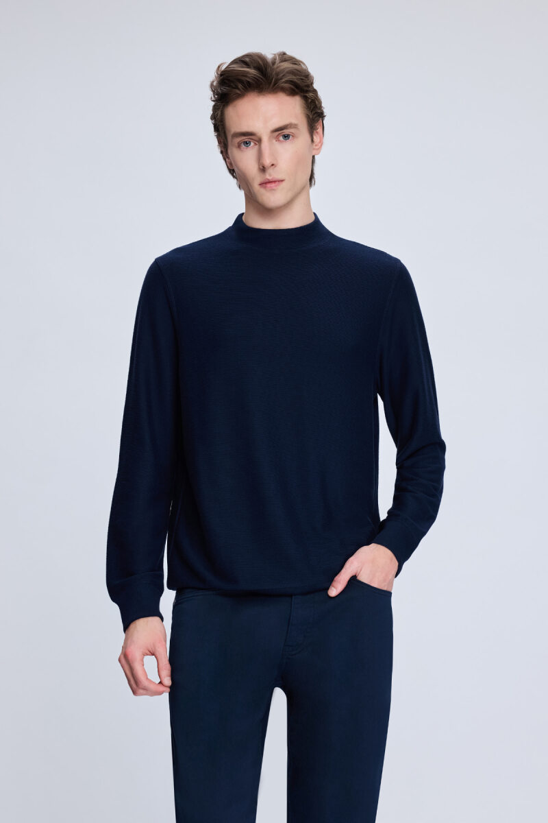 Lacivert Regular Fit Jakarlı Yarım Balıkçı Yaka Sweatshirt - Hatem Saykı