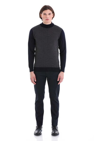 Lacivert Regular Fit Jakarlı Yarım Balıkçı Yaka Yünlü Triko Kazak - 3