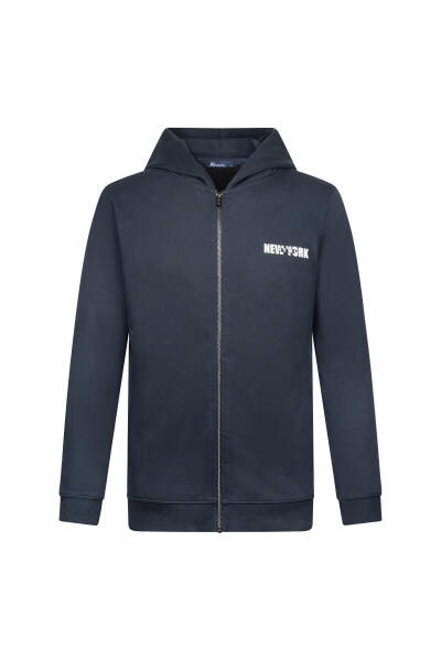 Lacivert Regular Fit Pamuklu Tam Fermuarlı Kapüşonlu Sweatshirt - HTML